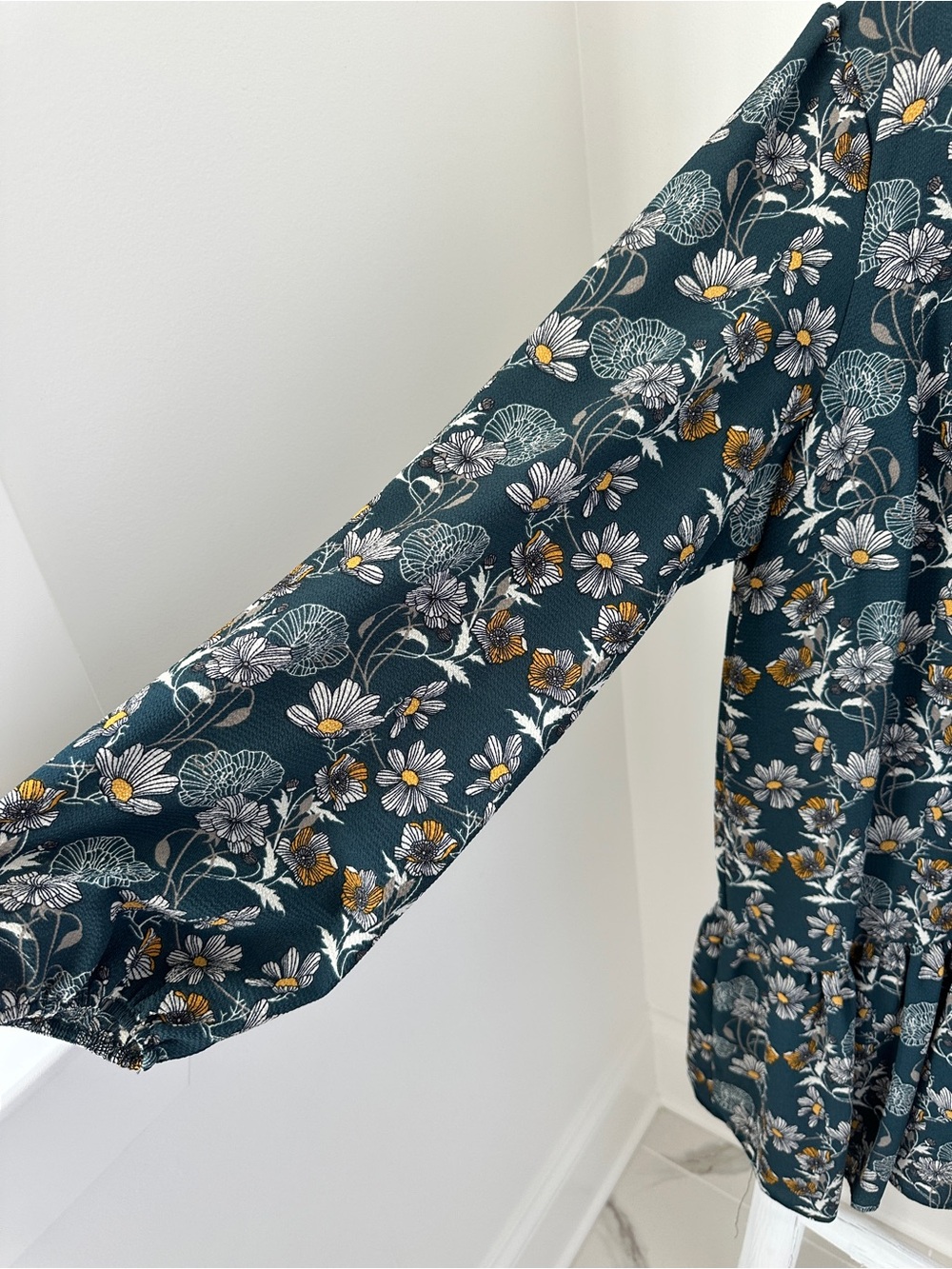 Caslon Teal Floral Print Long-Sleeve Ruffle-Hem Drop Waist Dress Size Large - Picture 6 of 13